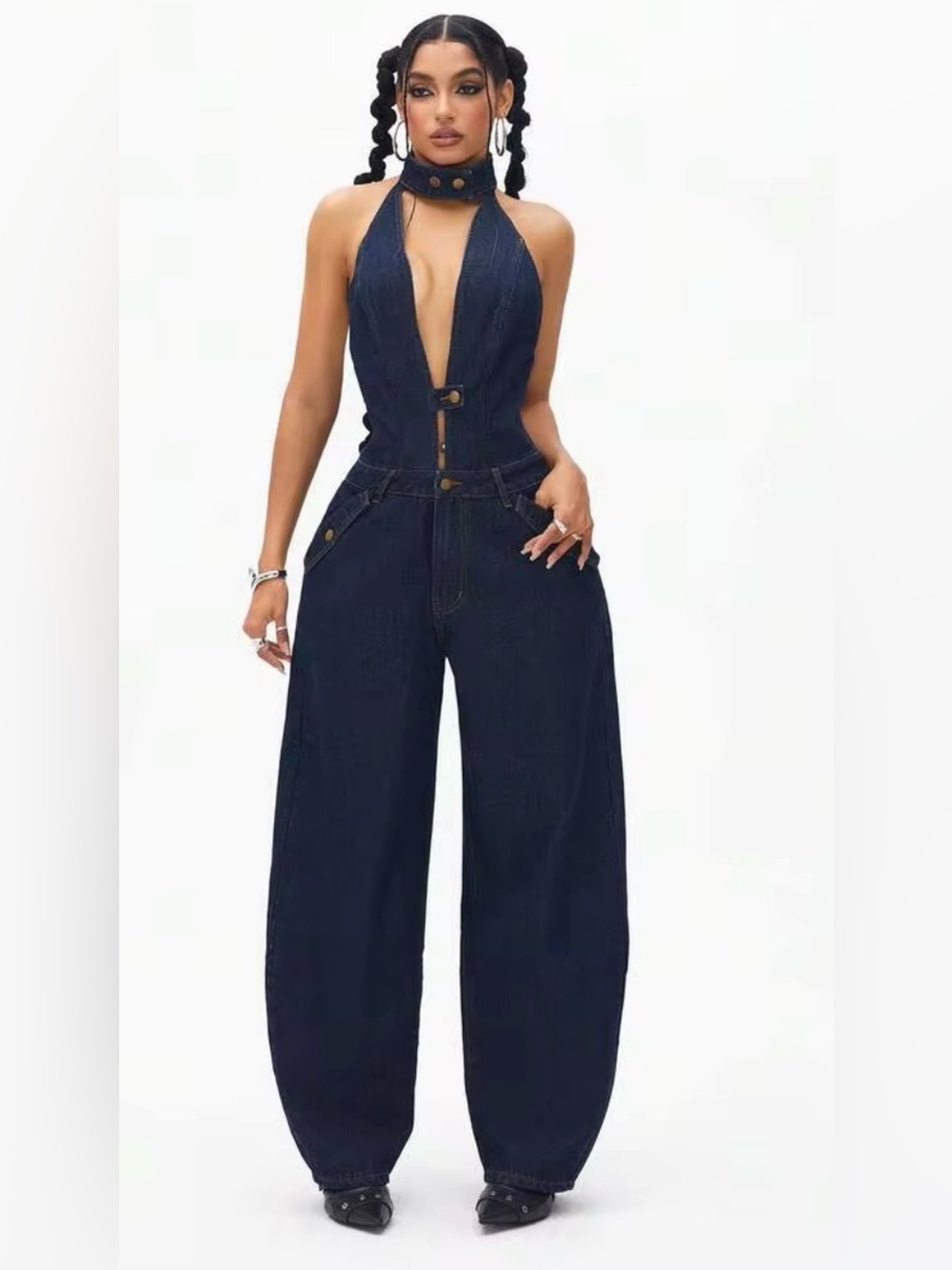 Unity Y2K Street Style Deep V-Open Raw Denim Jumpsuit inseam 30